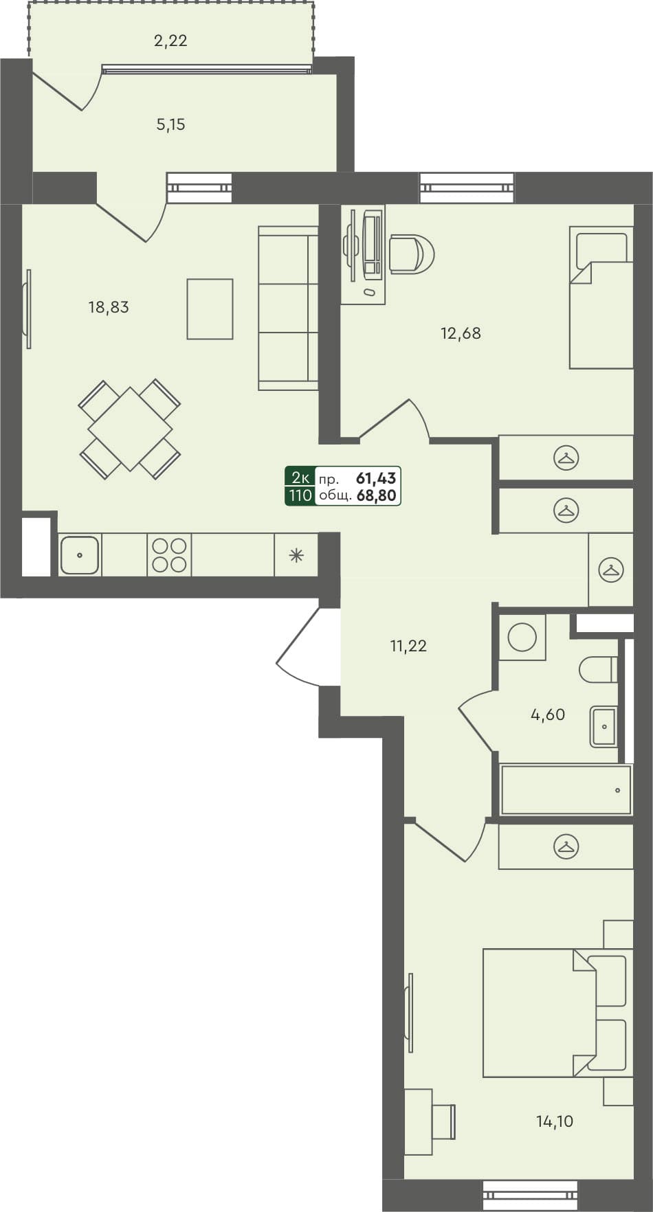 2-комн. квартира, 68.8 м², 4 из 6 этаж Планировка