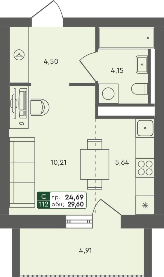 Студия квартира, 29.6 м², 4 из 6 этаж Планировка