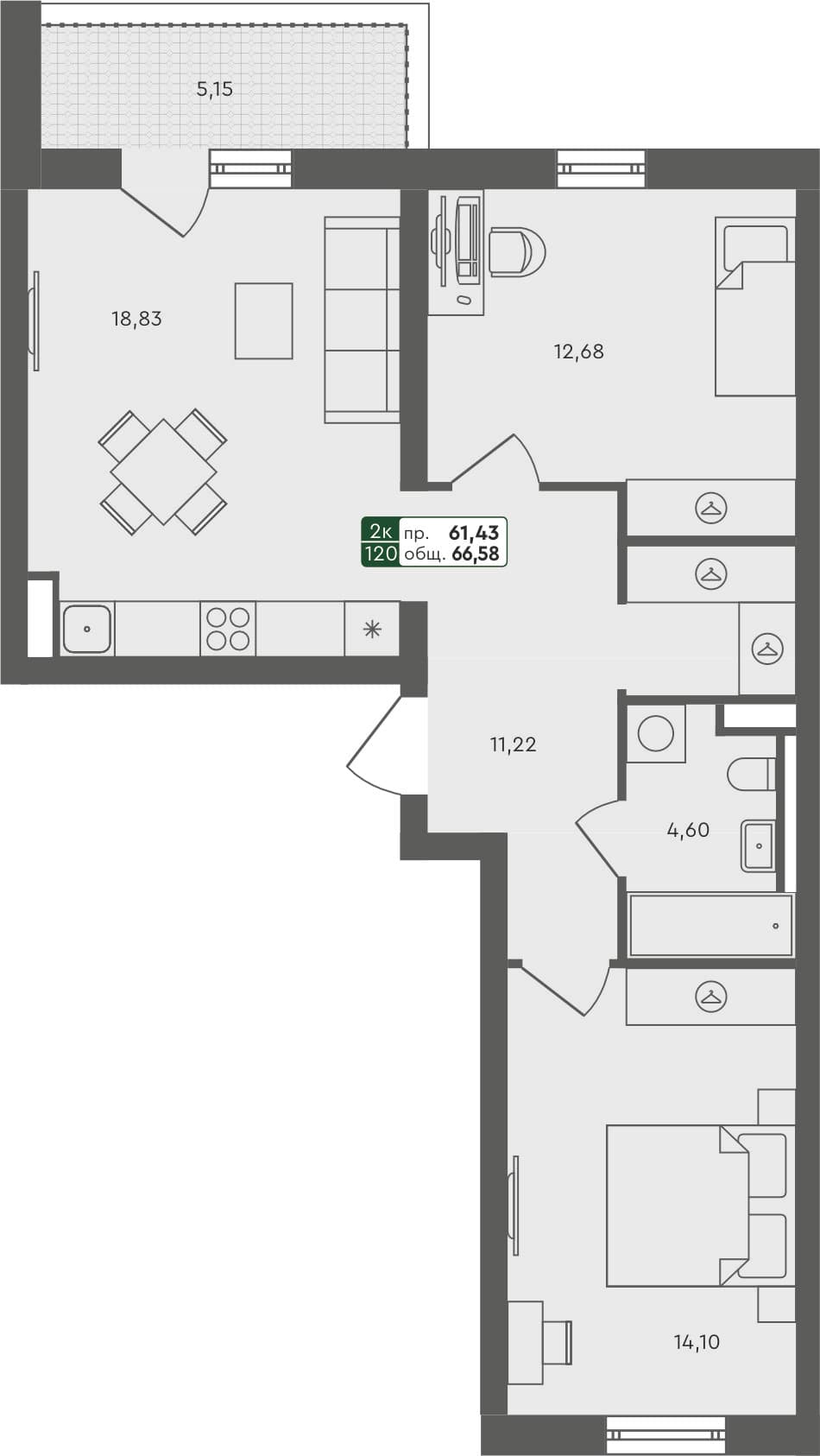 2-комн. квартира, 66.58 м², 6 из 6 этаж квартира