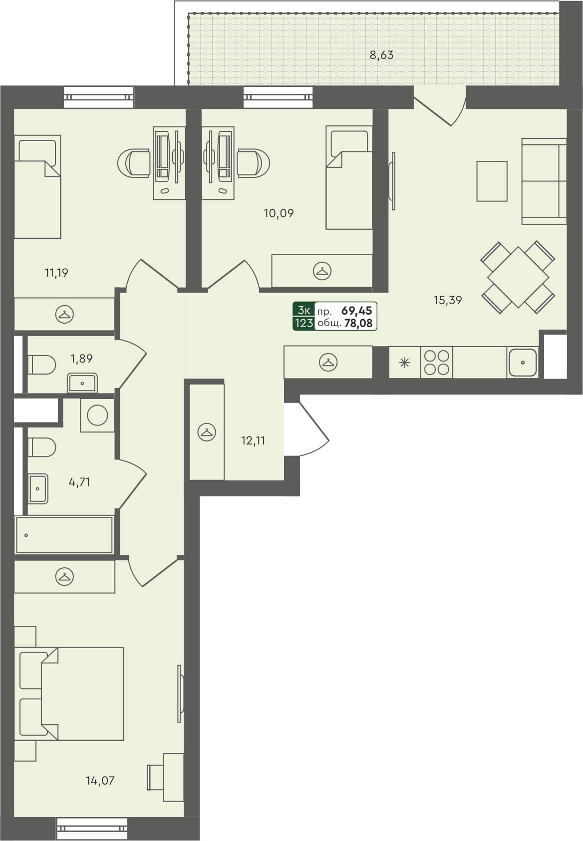 3-комн. квартира, 78.08 м², 6 из 6 этаж Планировка