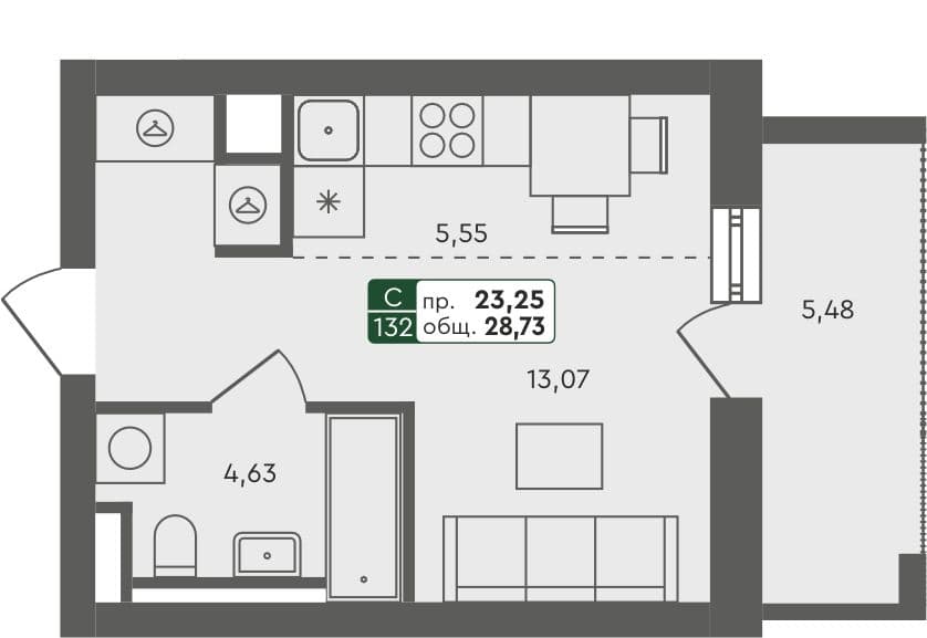 Студия квартира, 28.73 м², 2 из 5 этаж Планировка