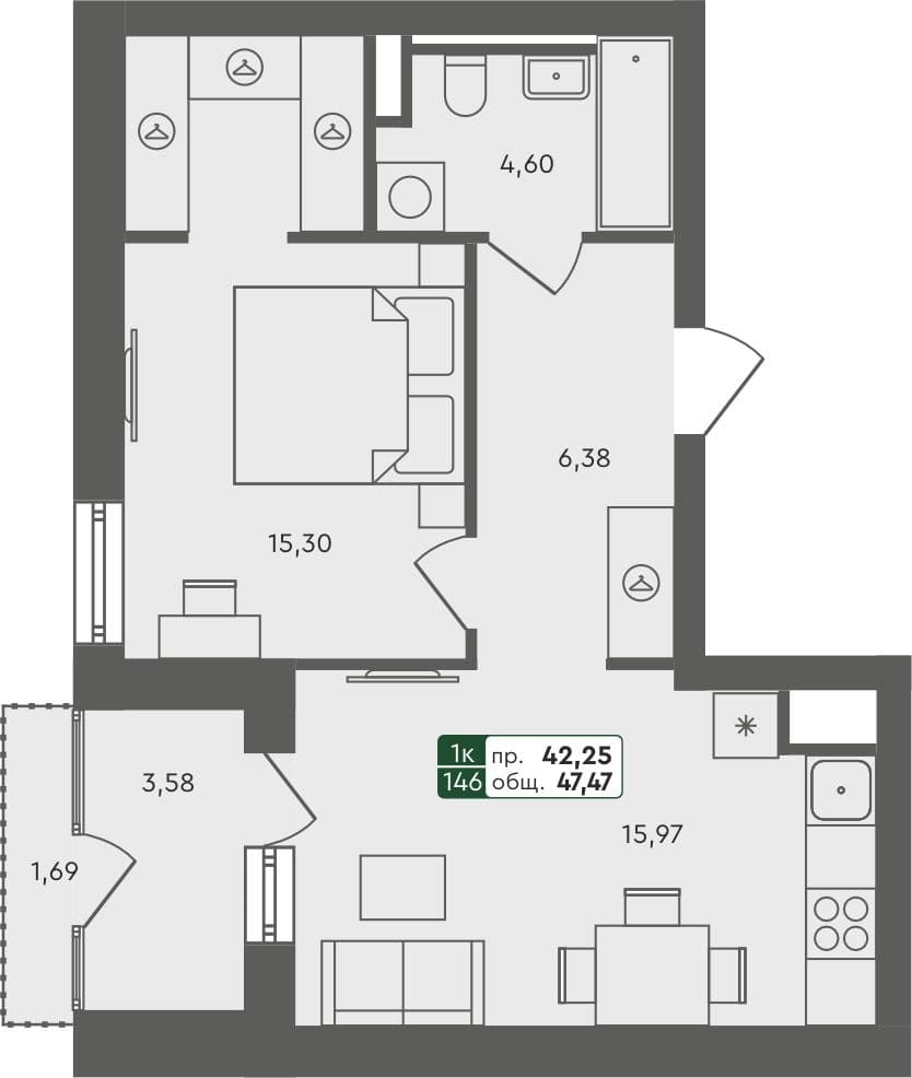 1-комн. квартира, 47.47 м², 4 из 5 этаж квартира