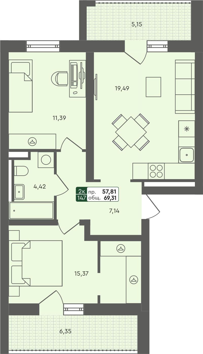 2-комн. квартира, 69.31 м², 5 из 5 этаж Планировка