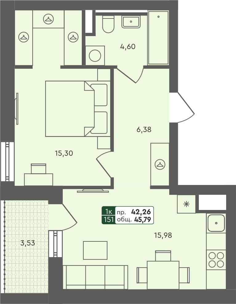 1-комн. квартира, 45.79 м², 5 из 5 этаж квартира