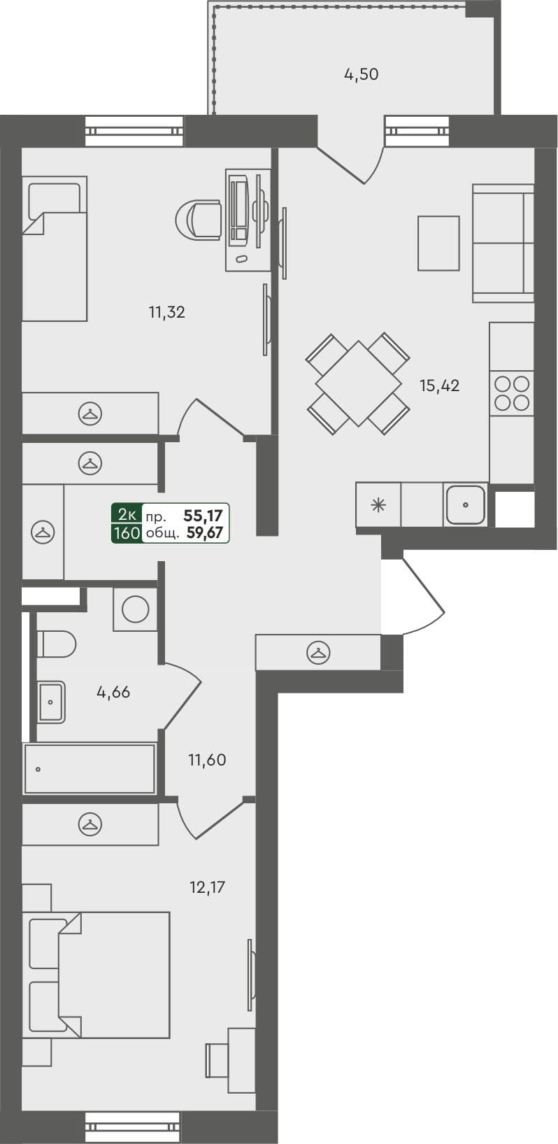 2-комн. квартира, 59.67 м², 2 из 5 этаж квартира