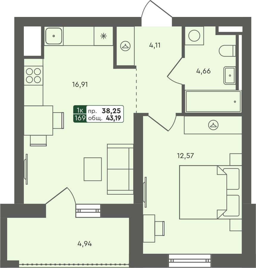 1-комн. квартира, 43.19 м², 4 из 5 этаж Планировка