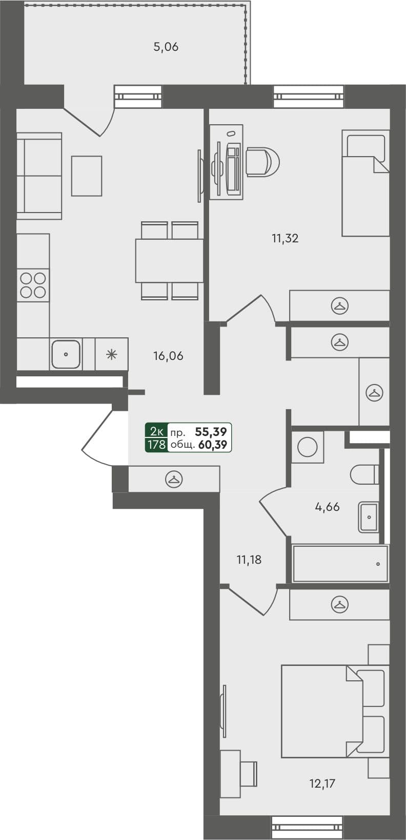2-комн. квартира, 60.45 м², 1 из 5 этаж квартира