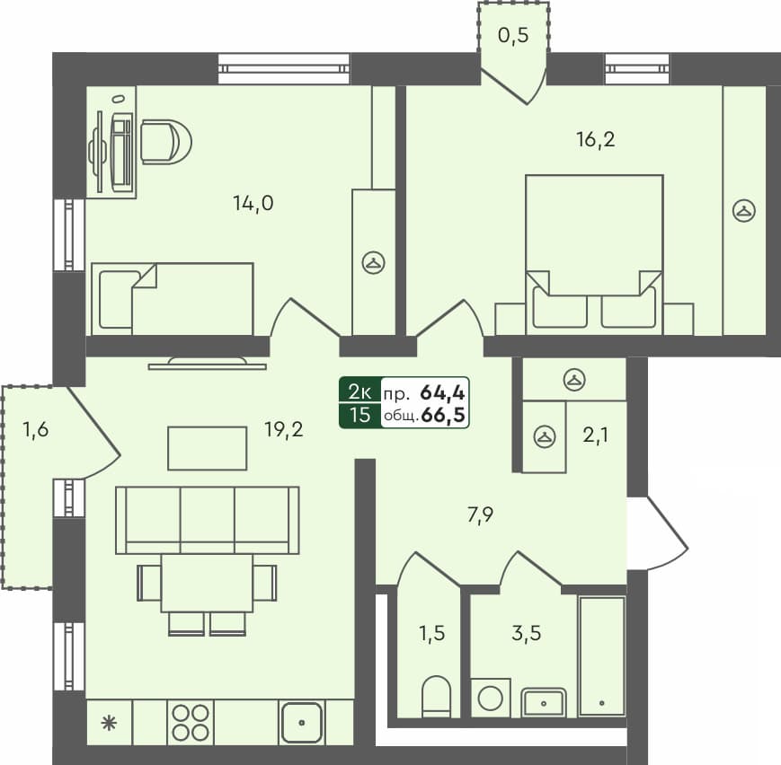 2-комн. квартира, 66.5 м², 3 из 4 этаж Планировка