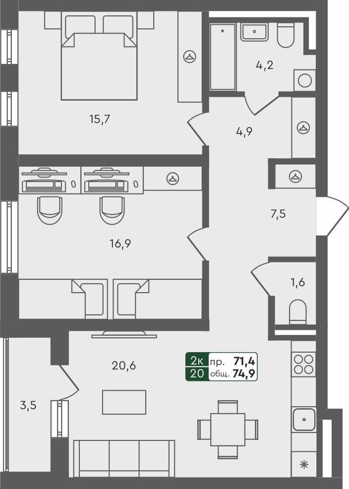 2-комн. квартира, 74.9 м², 3 из 4 этаж Планировка