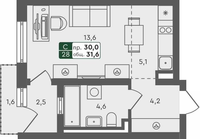 Студия квартира, 31.6 м², 1 из 4 этаж Планировка
