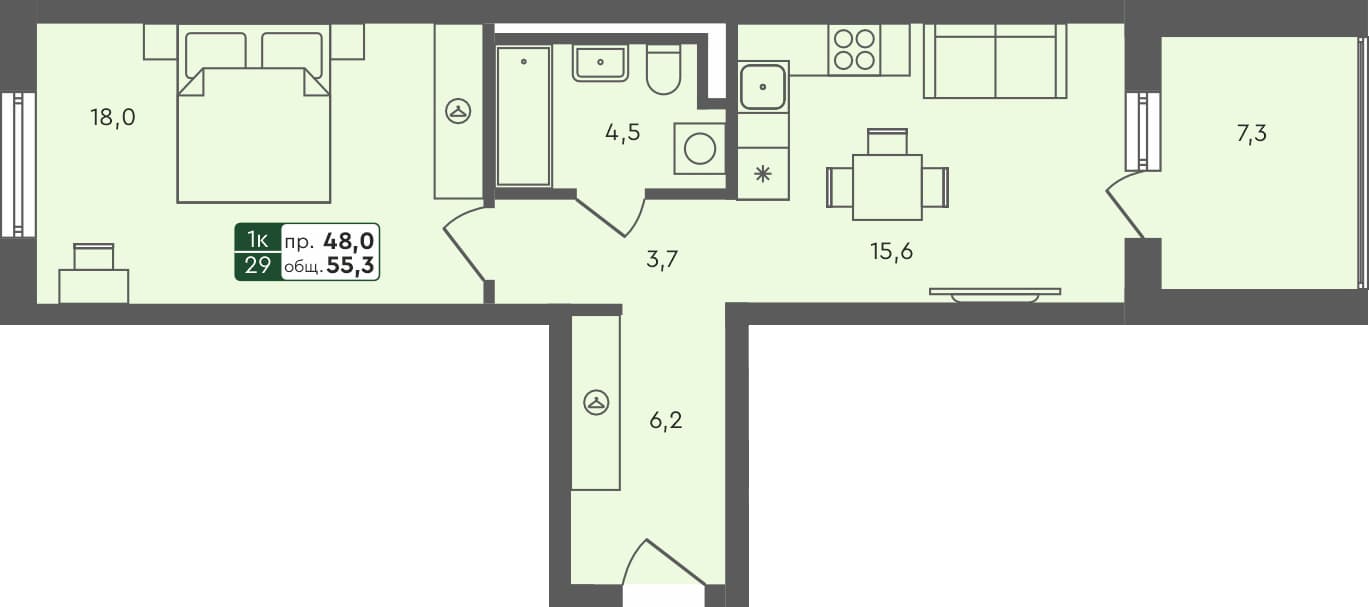 1-комн. квартира, 55.3 м², 1 из 4 этаж Планировка