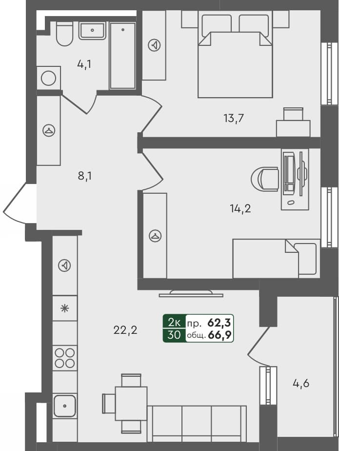 2-комн. квартира, 66.9 м², 1 из 4 этаж квартира