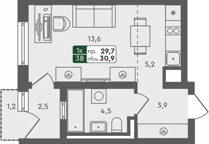 Студия квартира, 30.9 м², 3 из 4 этаж Планировка