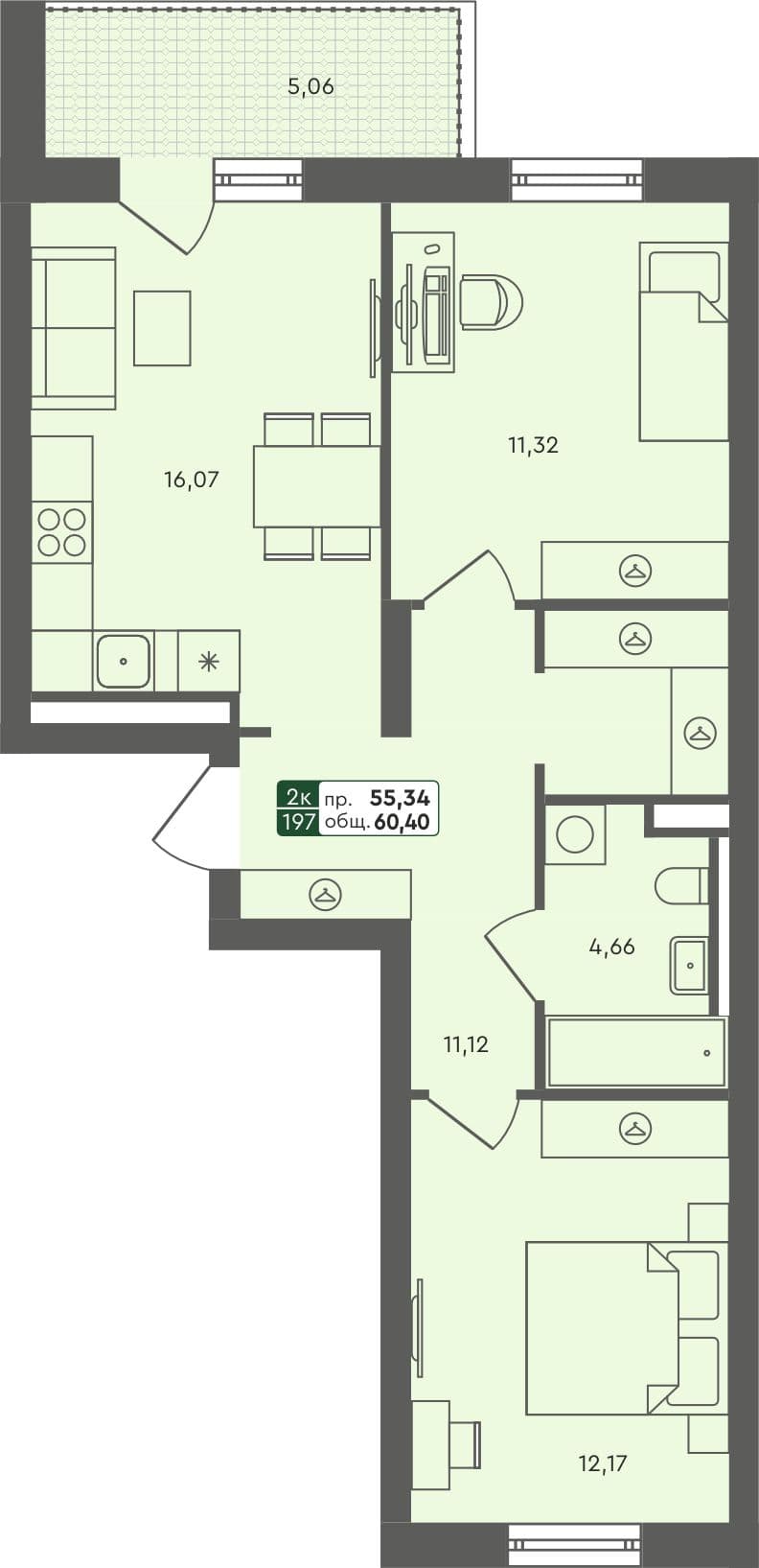 2-комн. квартира, 60.4 м², 5 из 5 этаж квартира