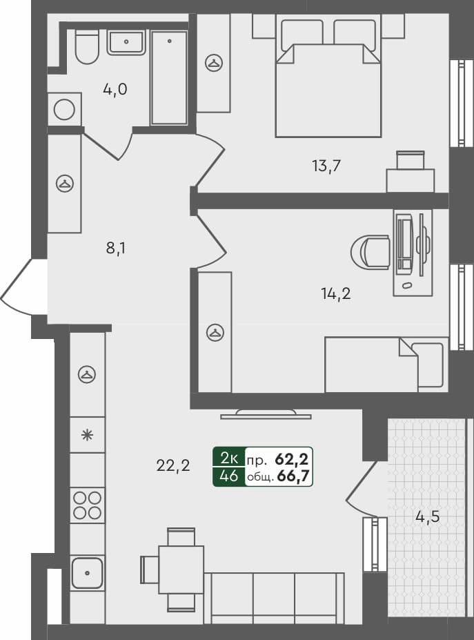 2-комн. квартира, 66.7 м², 4 из 4 этаж Планировка