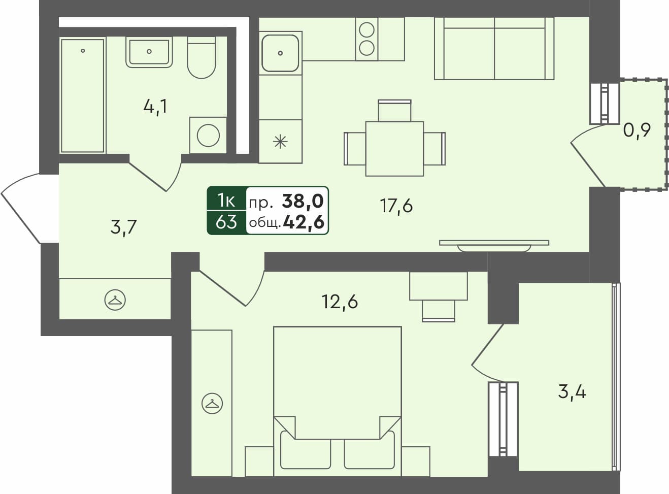 1-комн. квартира, 42.3 м², 4 из 4 этаж Планировка