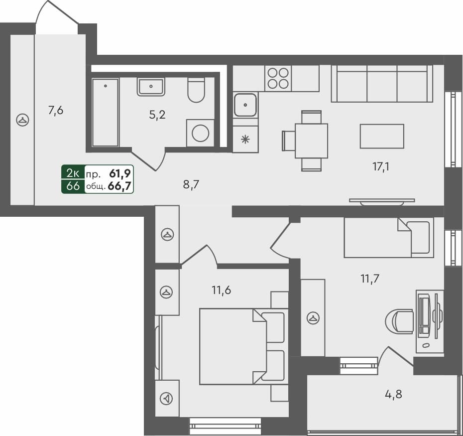 2-комн. квартира, 66.7 м², 1 из 4 этаж Планировка