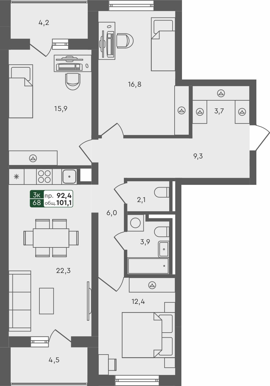 3-комн. квартира, 101.1 м², 1 из 4 этаж квартира