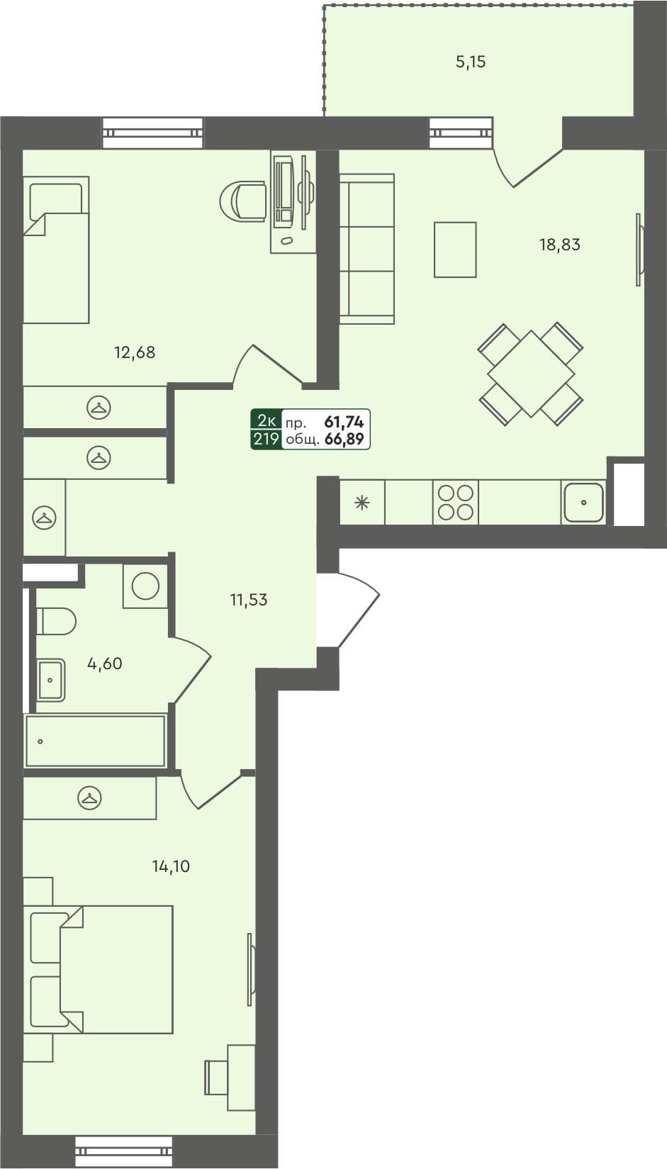 2-комн. квартира, 66.89 м², 4 из 7 этаж Планировка