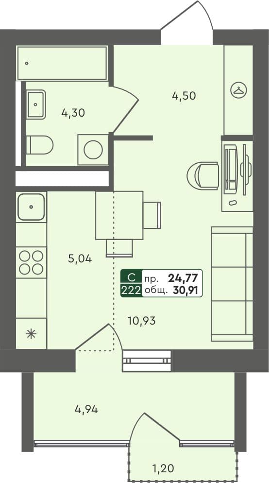 Студия квартира, 30.91 м², 5 из 7 этаж Планировка