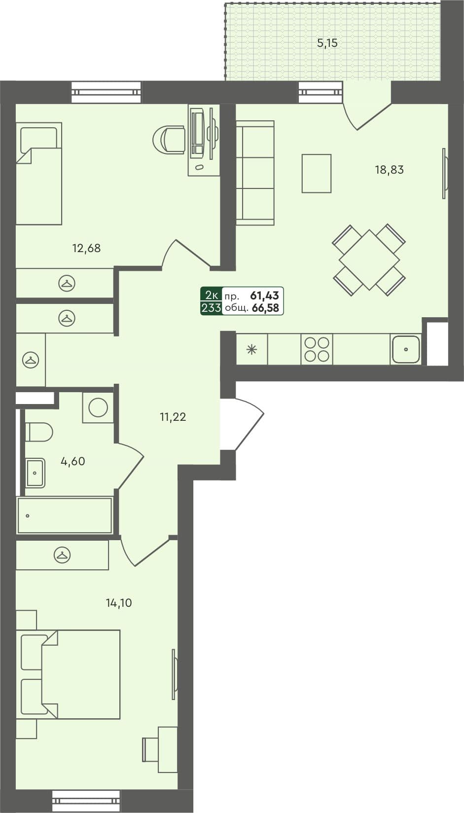 2-комн. квартира, 66.58 м², 7 из 7 этаж Планировка