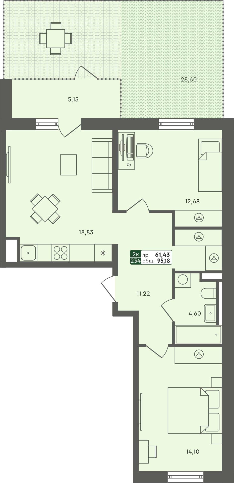 2-комн. квартира, 95.18 м², 1 из 7 этаж квартира