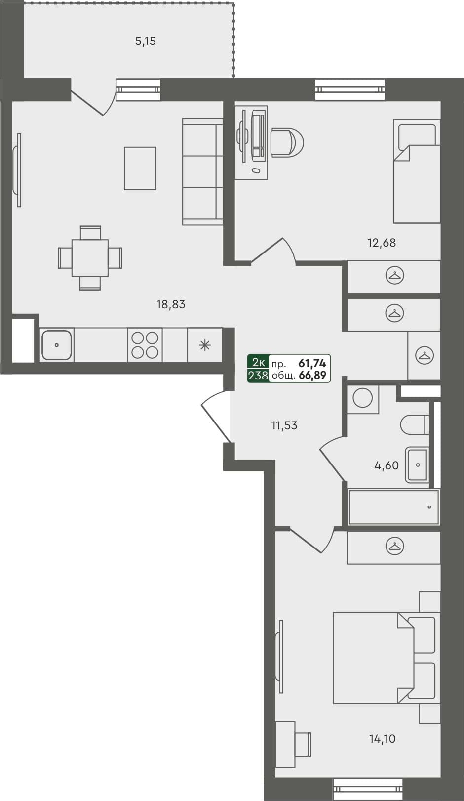 2-комн. квартира, 66.89 м², 2 из 7 этаж квартира