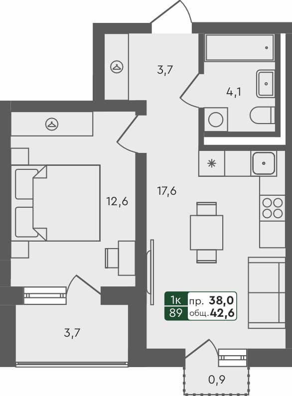 1-комн. квартира, 42.6 м², 2 из 4 этаж квартира