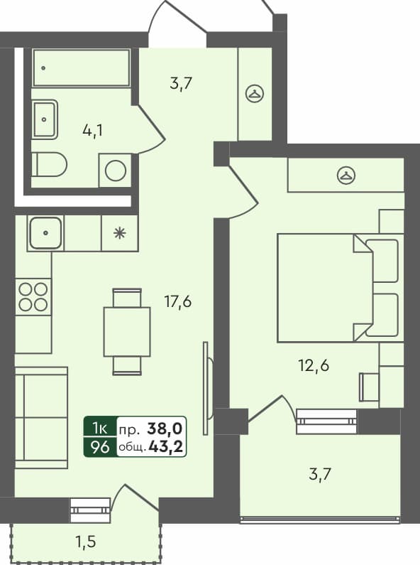 1-комн. квартира, 43.2 м², 4 из 4 этаж квартира