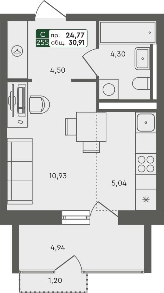 Студия квартира, 30.91 м², 5 из 7 этаж Планировка