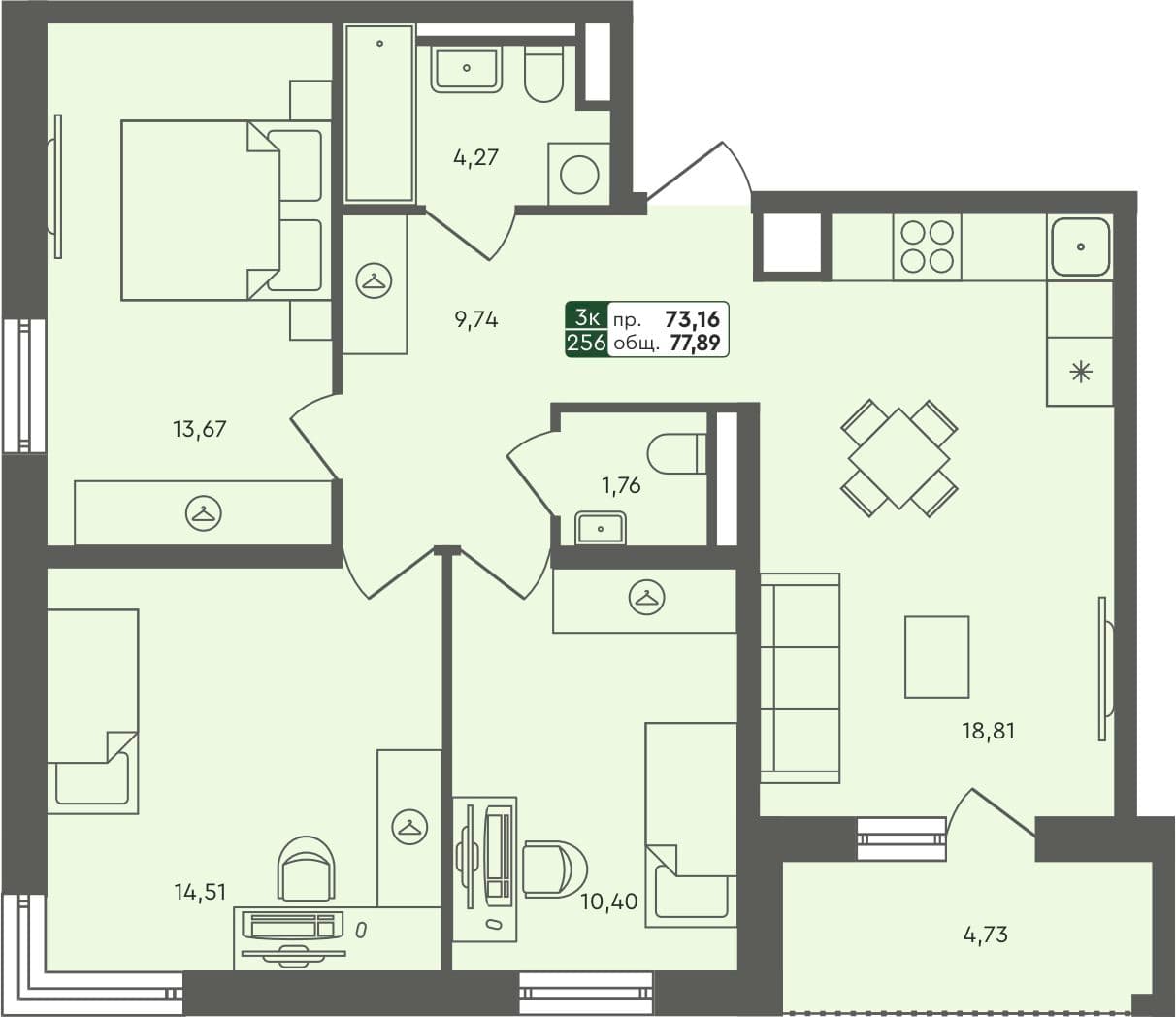 3-комн. квартира, 77.89 м², 5 из 7 этаж квартира