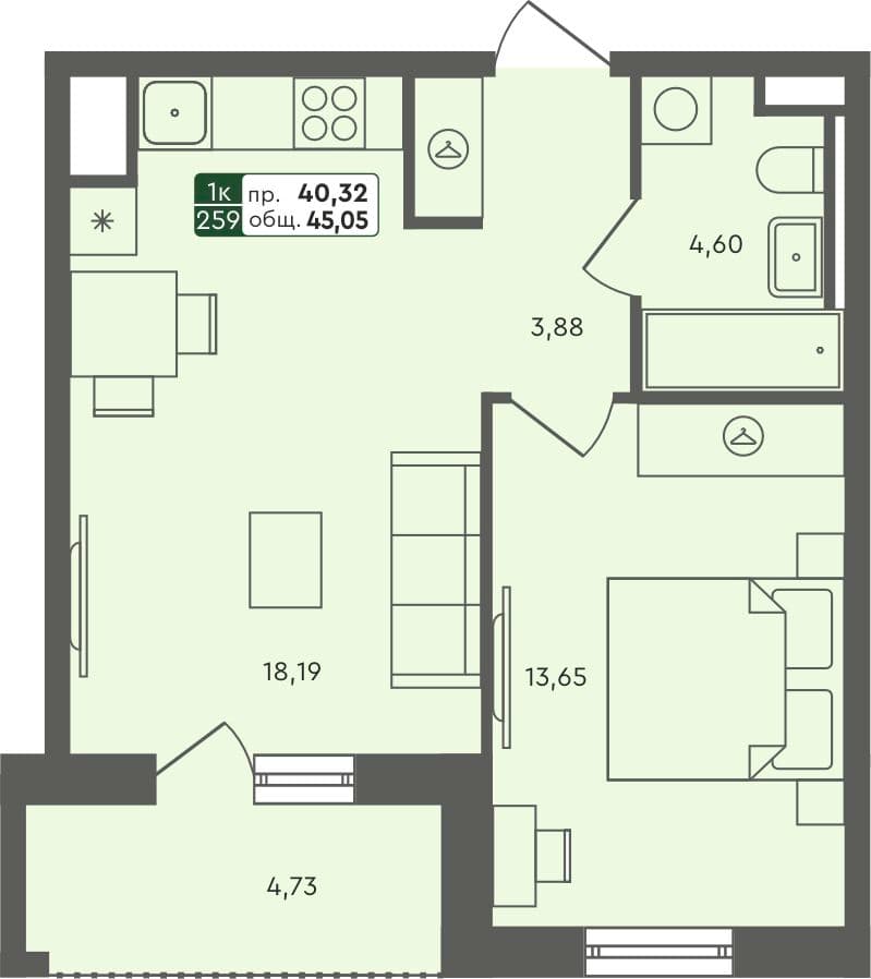 1-комн. квартира, 45.05 м², 6 из 7 этаж квартира