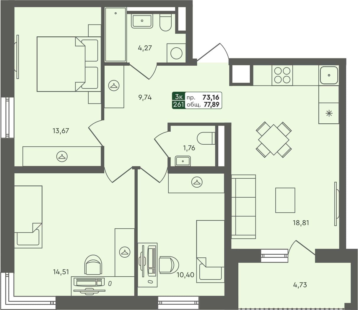 3-комн. квартира, 77.89 м², 6 из 7 этаж квартира