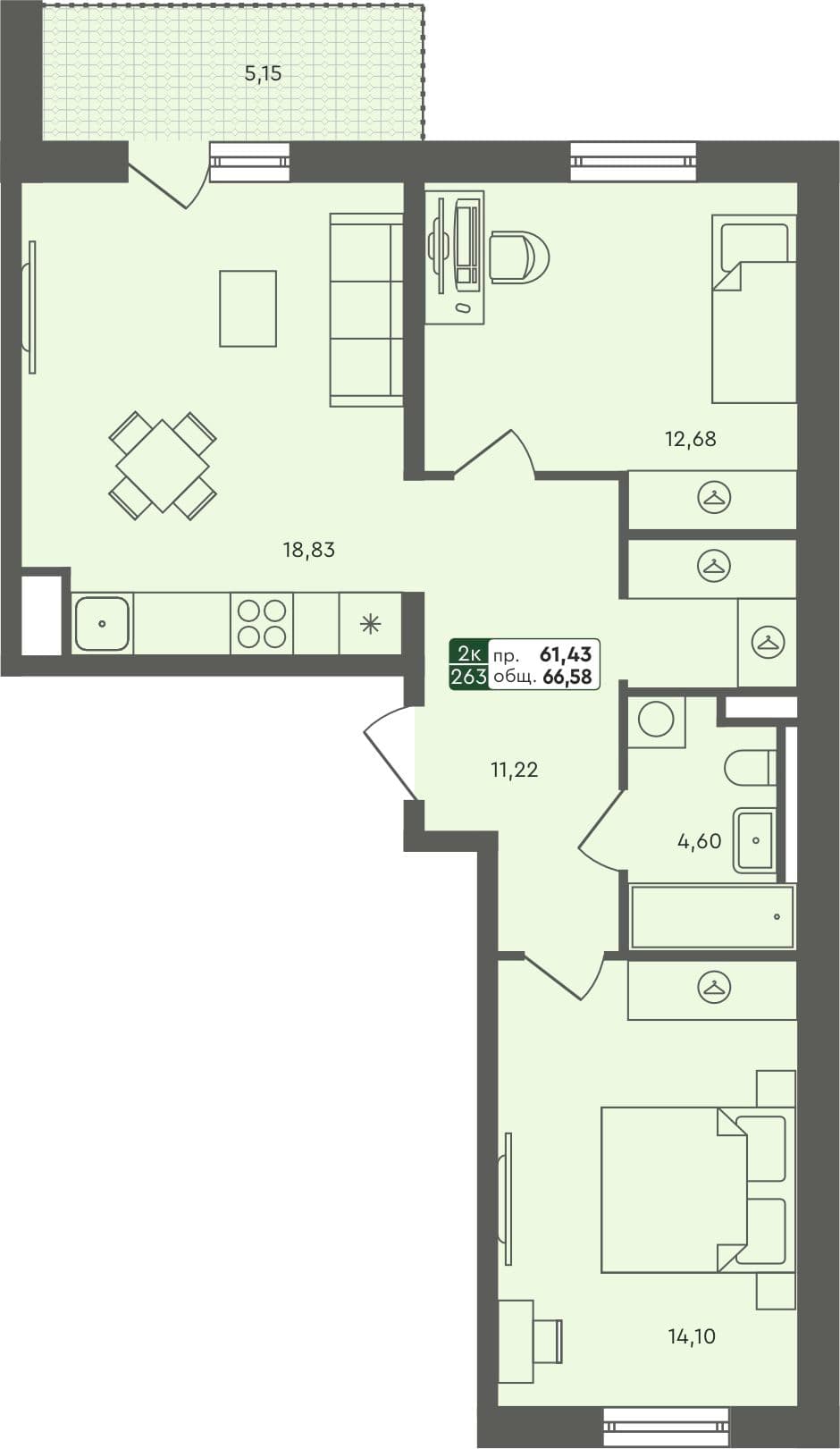2-комн. квартира, 66.58 м², 7 из 7 этаж квартира