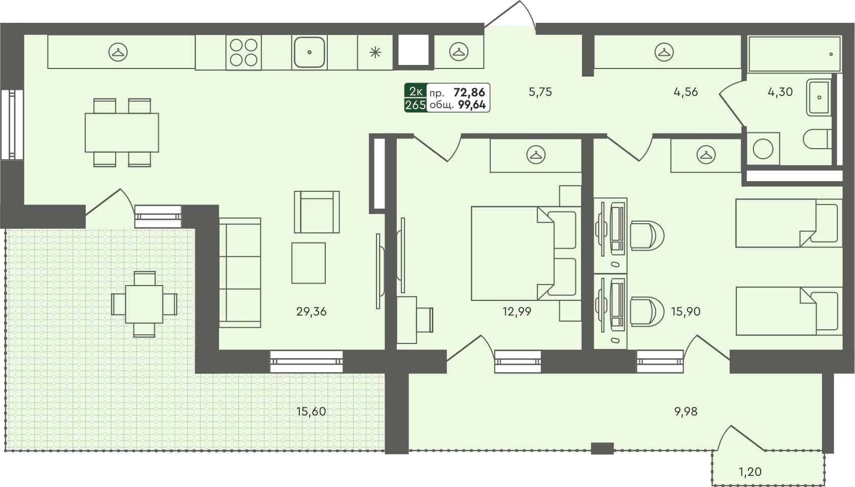 2-комн. квартира, 99.64 м², 7 из 7 этаж Планировка