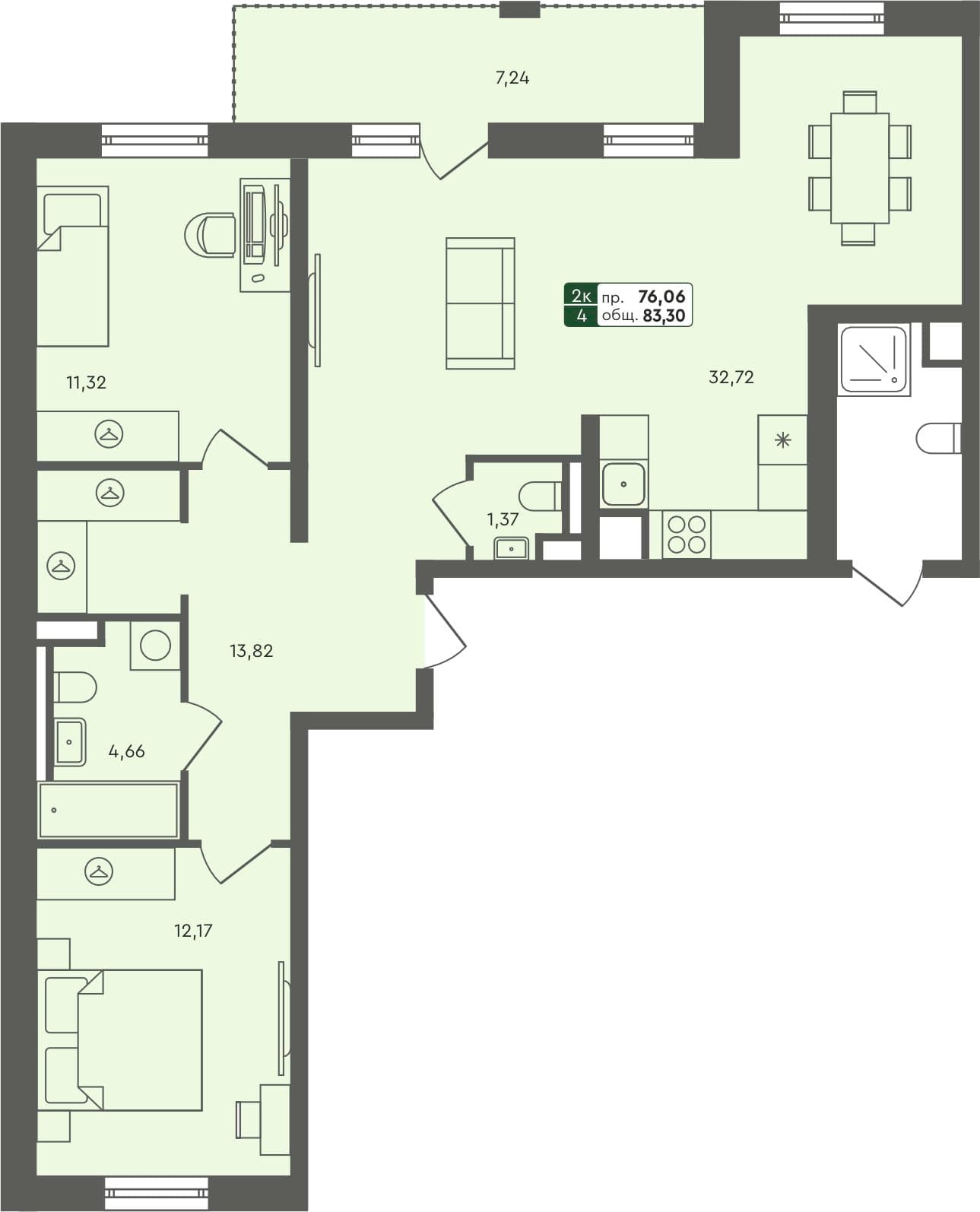 2-комн. квартира, 83.3 м², 1 из 6 этаж квартира