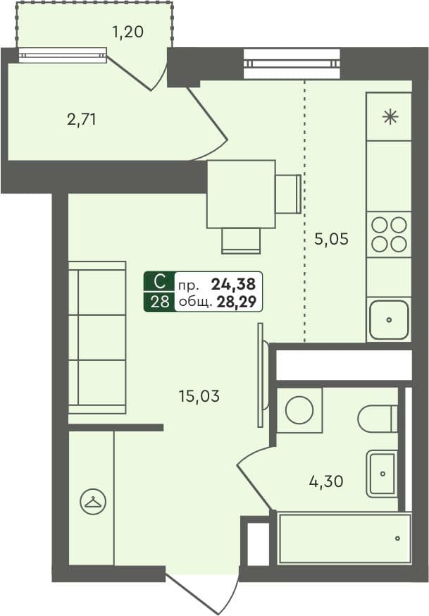 Студия квартира, 28.29 м², 5 из 6 этаж Планировка