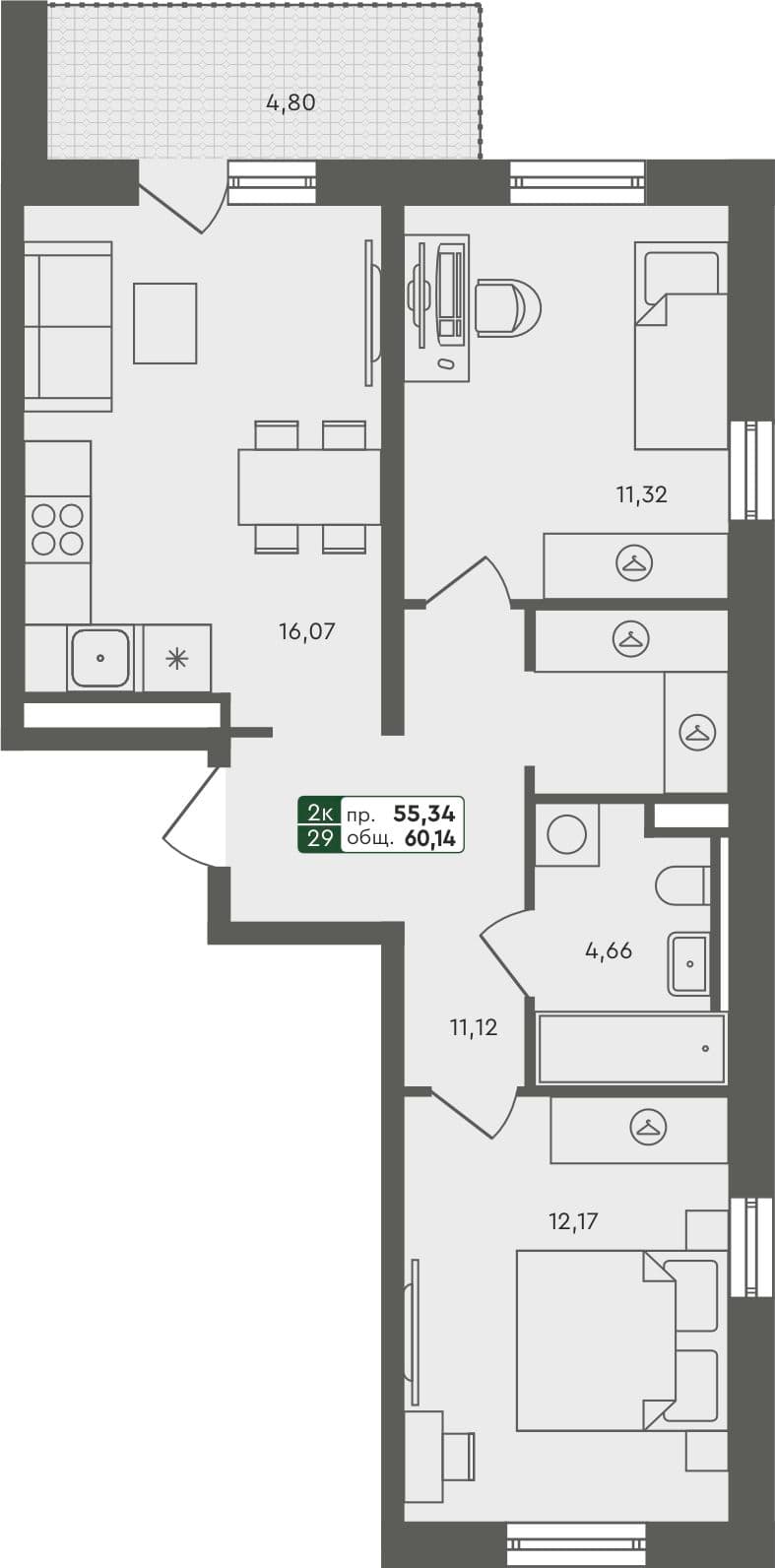 2-комн. квартира, 60.14 м², 6 из 6 этаж квартира