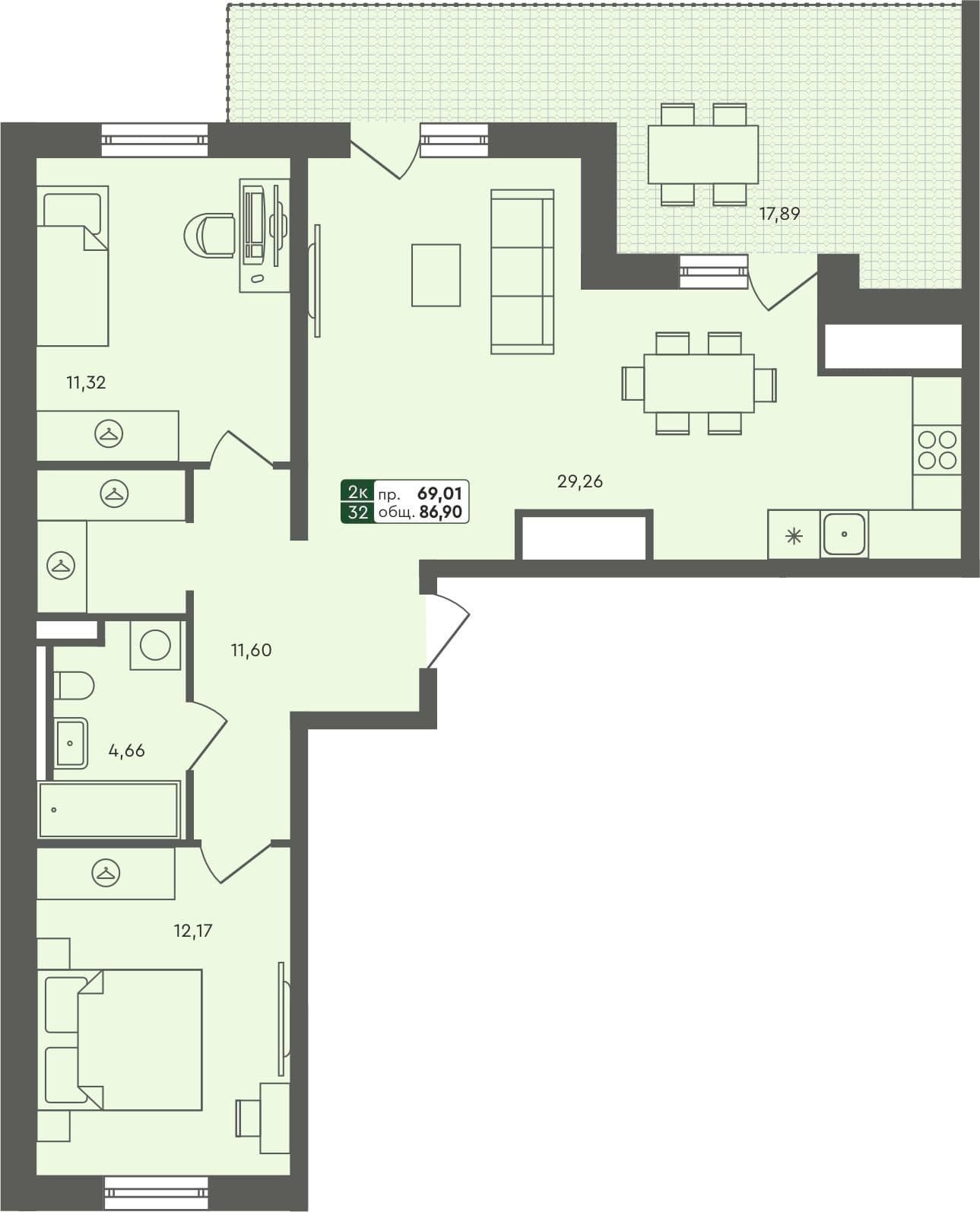2-комн. квартира, 86.9 м², 6 из 6 этаж Планировка