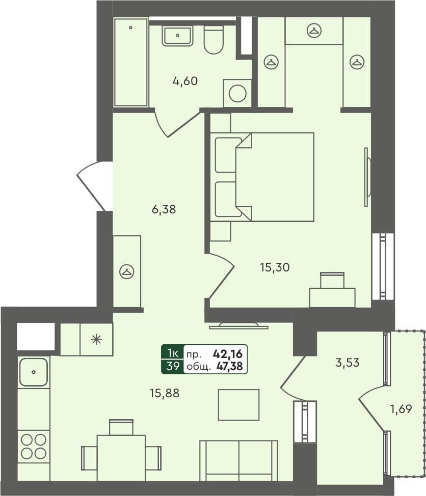 1-комн. квартира, 47.38 м², 3 из 7 этаж Планировка