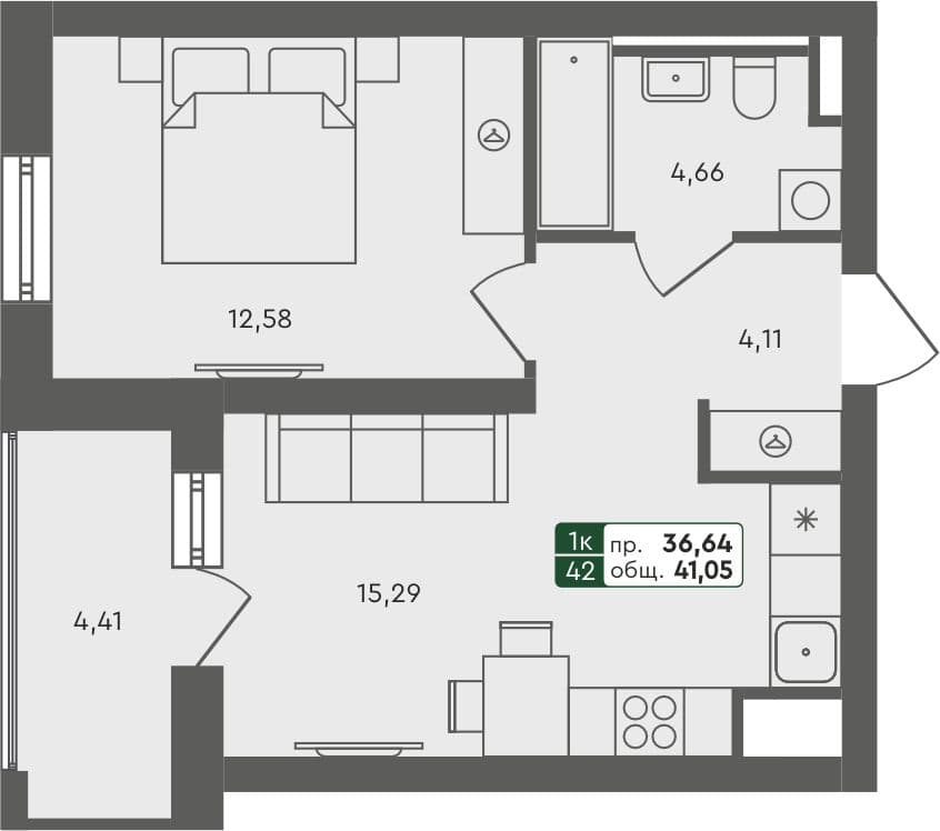 1-комн. квартира, 41.05 м², 3 из 7 этаж квартира