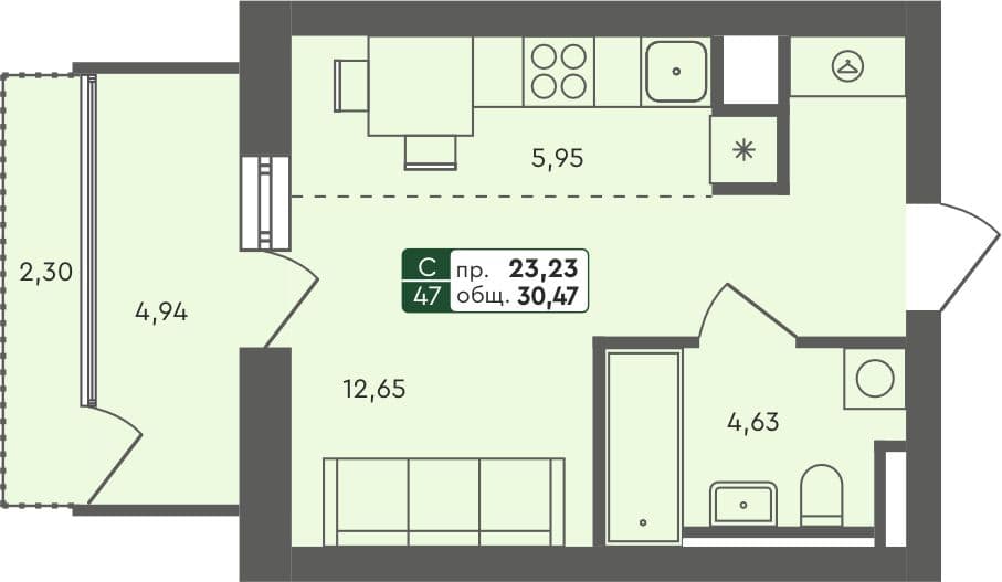 Студия квартира, 30.47 м², 4 из 7 этаж Планировка