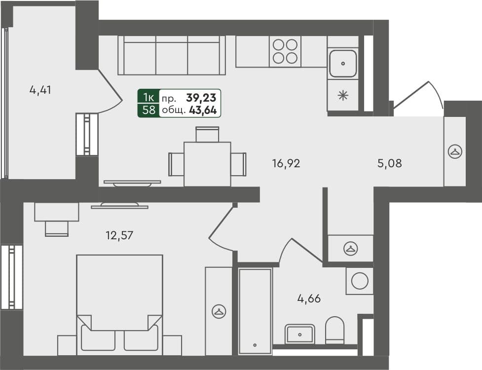 1-комн. квартира, 43.64 м², 6 из 7 этаж Планировка