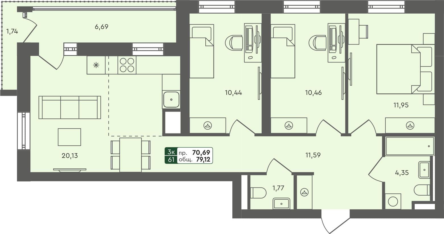 3-комн. квартира, 79.12 м², 6 из 7 этаж Планировка
