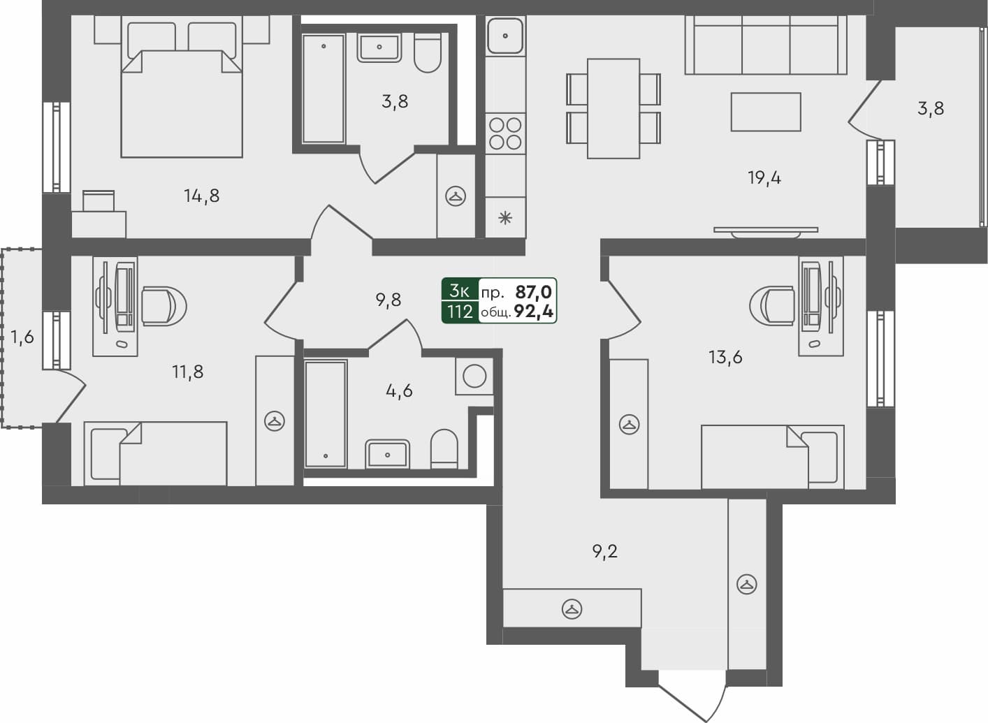 3-комн. квартира, 92.4 м², 3 из 4 этаж квартира