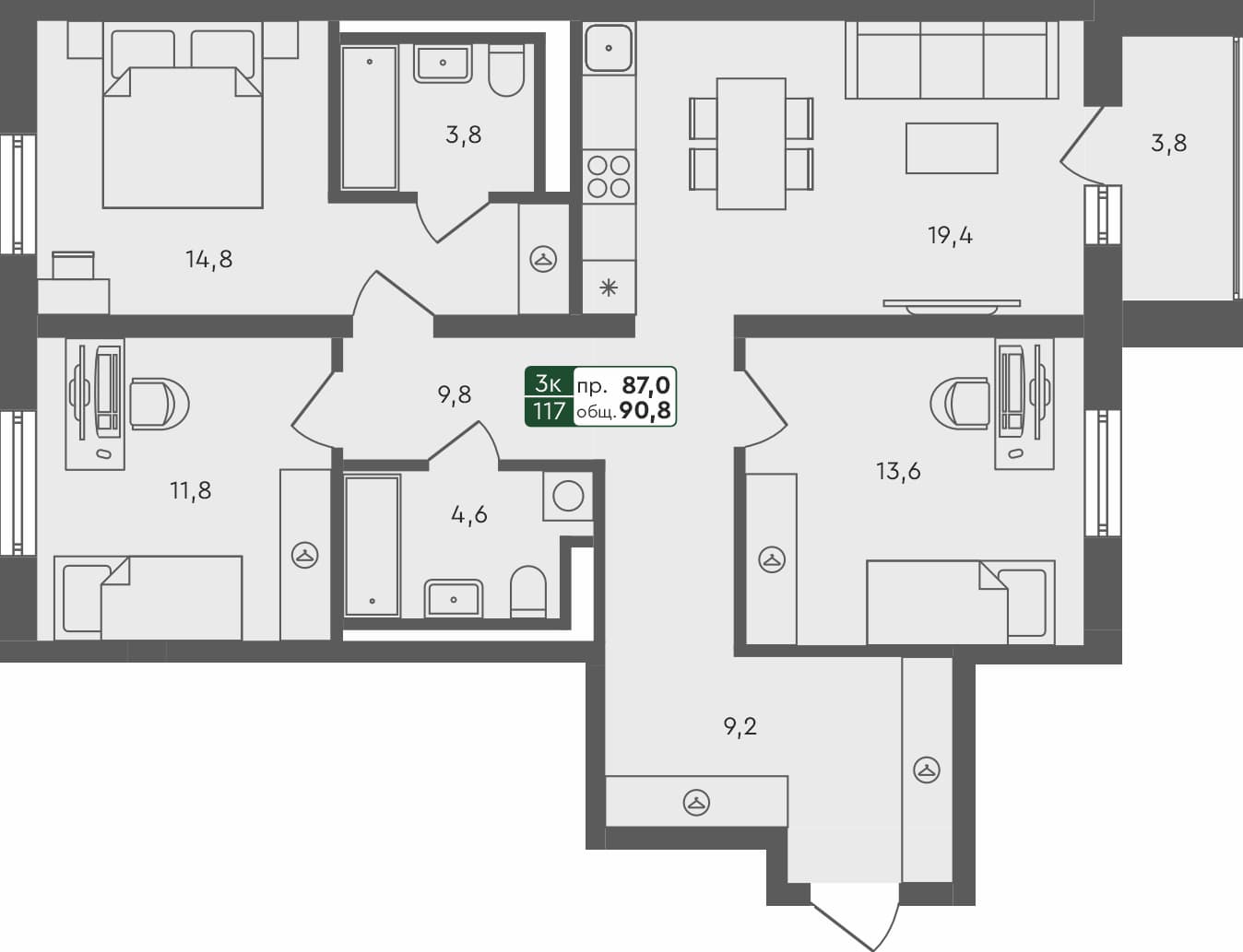 3-комн. квартира, 90.8 м², 4 из 4 этаж квартира