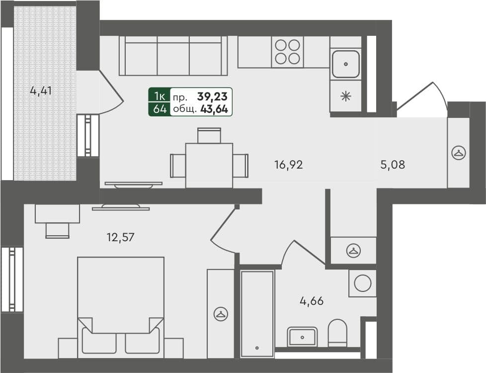 1-комн. квартира, 43.64 м², 7 из 7 этаж Планировка