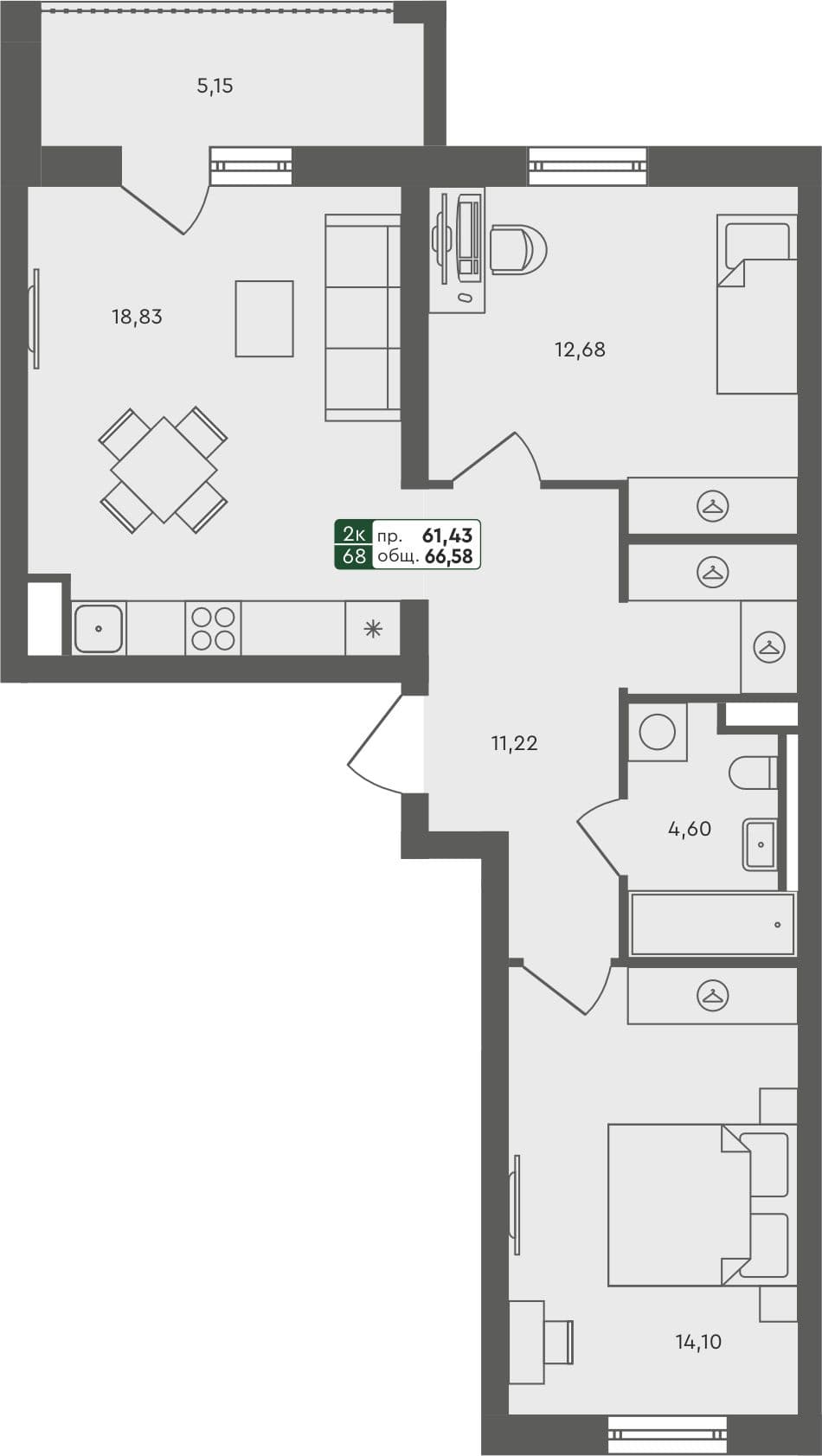 2-комн. квартира, 66.58 м², 1 из 6 этаж квартира