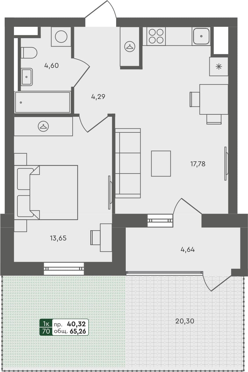 1-комн. квартира, 65.26 м², 1 из 6 этаж квартира