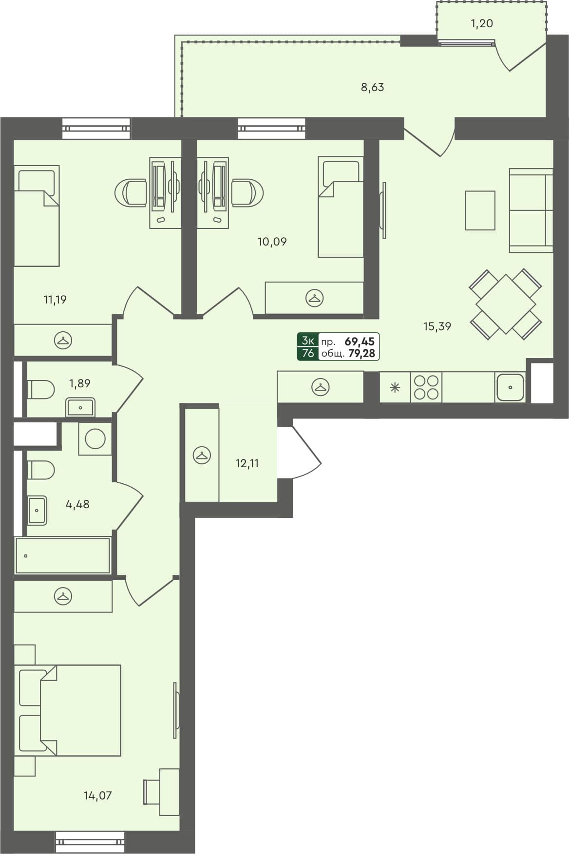 3-комн. квартира, 79.28 м², 2 из 6 этаж Планировка